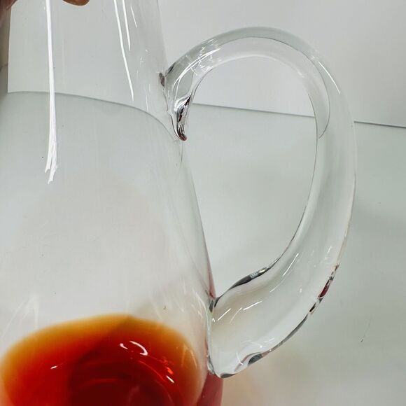 Clear Red Base Art Glass Pitcher Barware Cocktail Party Water Heavy READ - Picture 7 of 13